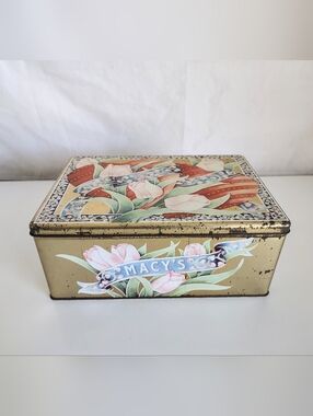 Vintage Macy's Decorative Floral Tin Made In England  Pink Storage Box